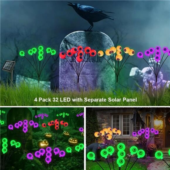 Halloween Solar Eyeball Lights Outdoor Waterproof 4 Pack 32 LED Scary Spooky - Picture 4 of 7